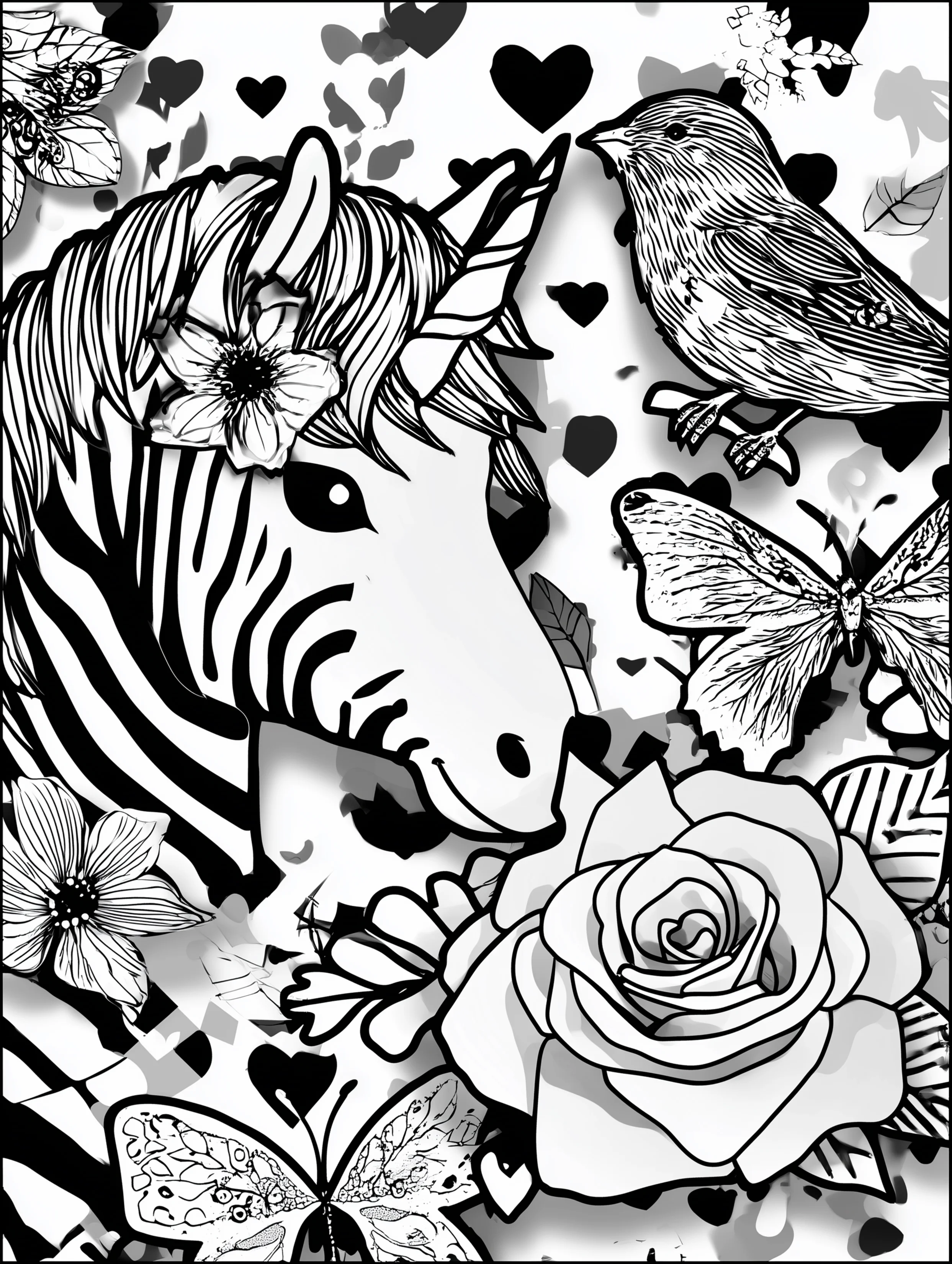 Free printable unicorn coloring page for adults featuring a zebra unicorn with a bird and butterfly